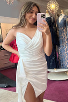 Jubilee | White - One Shoulder Spandex Pleated Homecoming Dresses With Slit
