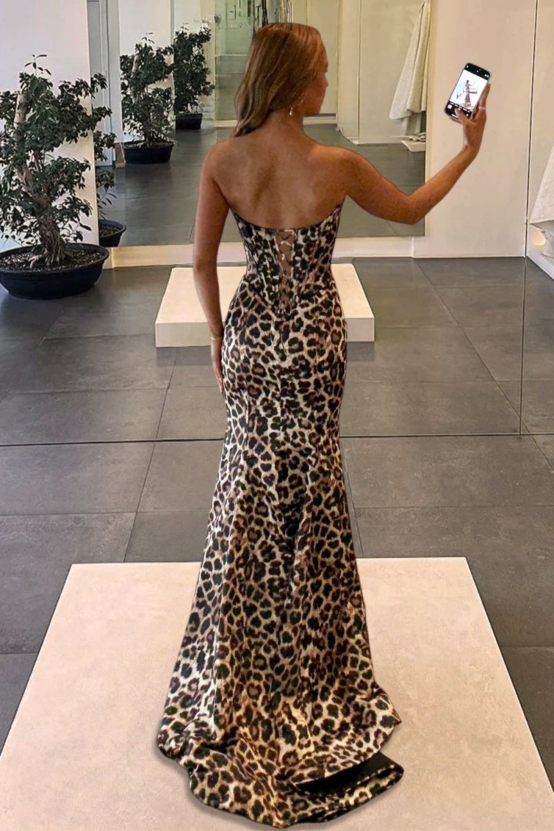Leopard Sweetheart Mermaid Satin Long Formal Prom Dress With Beading, Leopard / 10 Leopard Sweetheart Mermaid Satin Long Formal Prom Dress With Beading, Leopard / 10