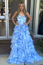 Juliane | Blue -  Strapless A-Line Floral Chiffon Ruffled Long Prom Dresses With Beading - KissProm