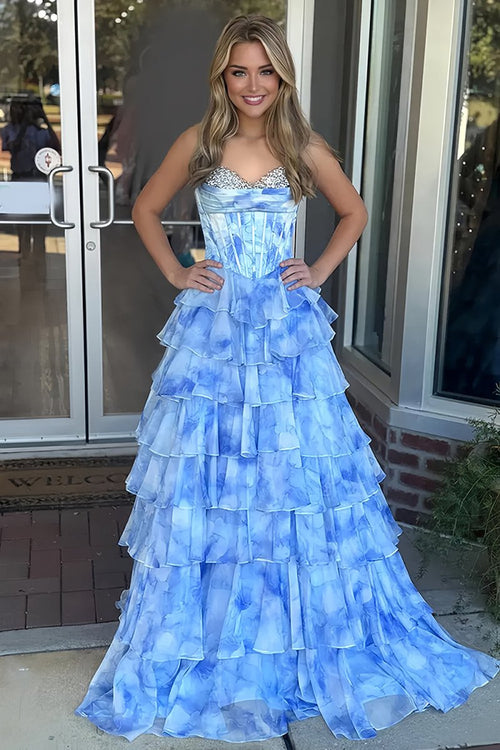 Juliane | Blue -  Strapless A-Line Floral Chiffon Ruffled Long Prom Dresses With Beading - KissProm