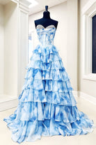 Juliane | Blue - Strapless A - Line Floral Chiffon Ruffled Long Prom Dresses With Beading - KissProm