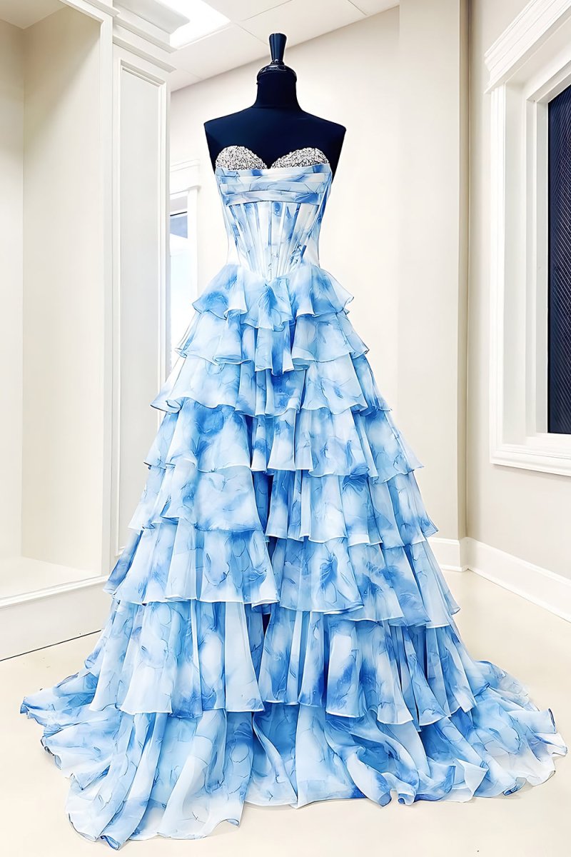 Juliane | Blue - Strapless A - Line Floral Chiffon Ruffled Long Prom Dresses With Beading - KissProm