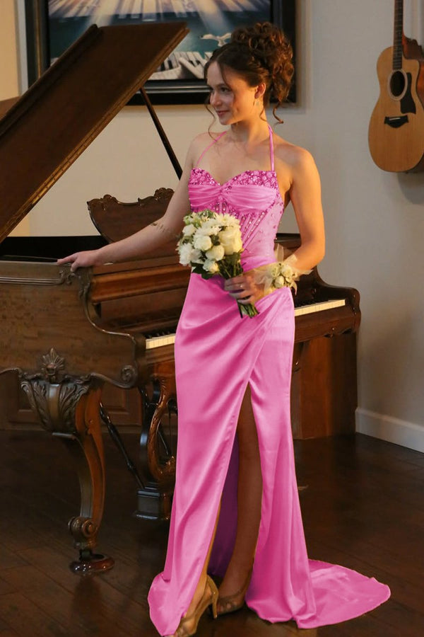 Julienne | Hot Pink - Halter Pleated Sheath Satin Long Prom Dresses With Beading -KissProm