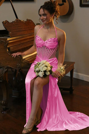 Julienne | Hot Pink - Halter Pleated Sheath Satin Long Prom Dresses With Beading -KissProm