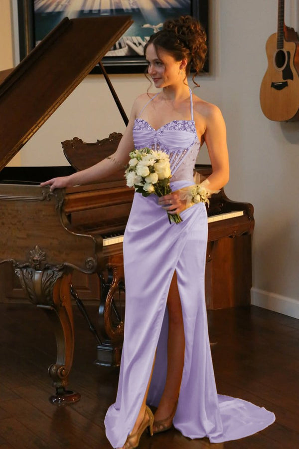 Julienne | Lavender - Halter Pleated Sheath Satin Long Prom Dresses With Beading -KissProm