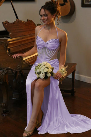 Julienne | Lavender - Halter Pleated Sheath Satin Long Prom Dresses With Beading -KissProm