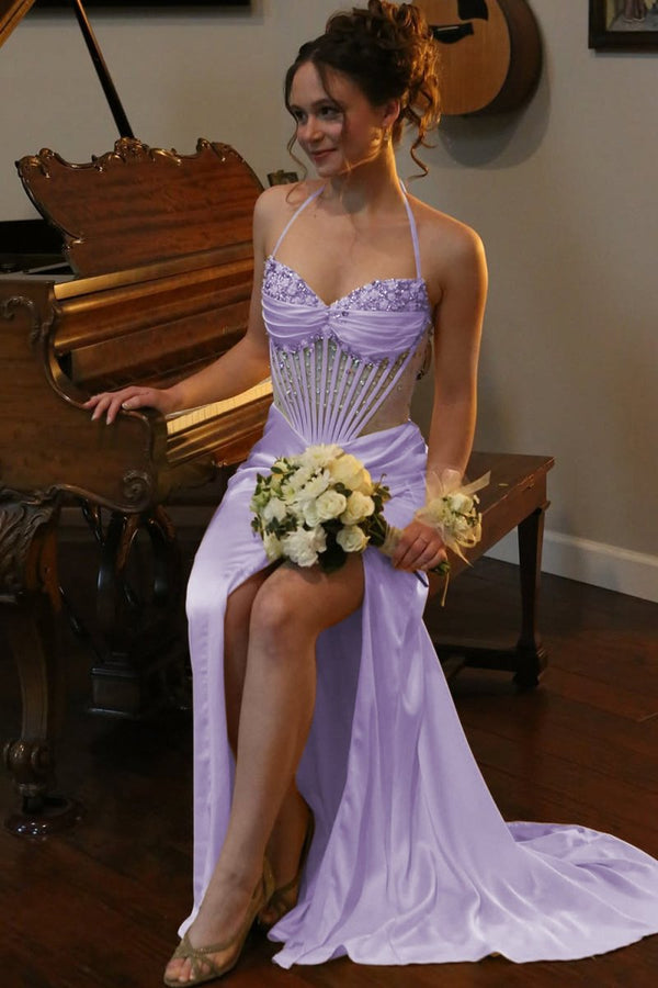 Julienne | Lavender - Halter Pleated Sheath Satin Long Prom Dresses With Beading -KissProm