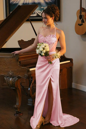 Julienne | Pink - Halter Pleated Sheath Satin Long Prom Dresses With Beading -KissProm