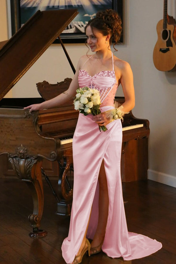 Julienne | Pink - Halter Pleated Sheath Satin Long Prom Dresses With Beading -KissProm