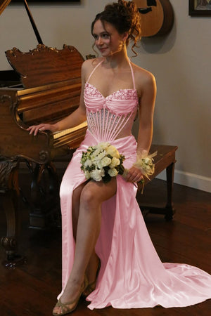 Julienne | Pink - Halter Pleated Sheath Satin Long Prom Dresses With Beading -KissProm