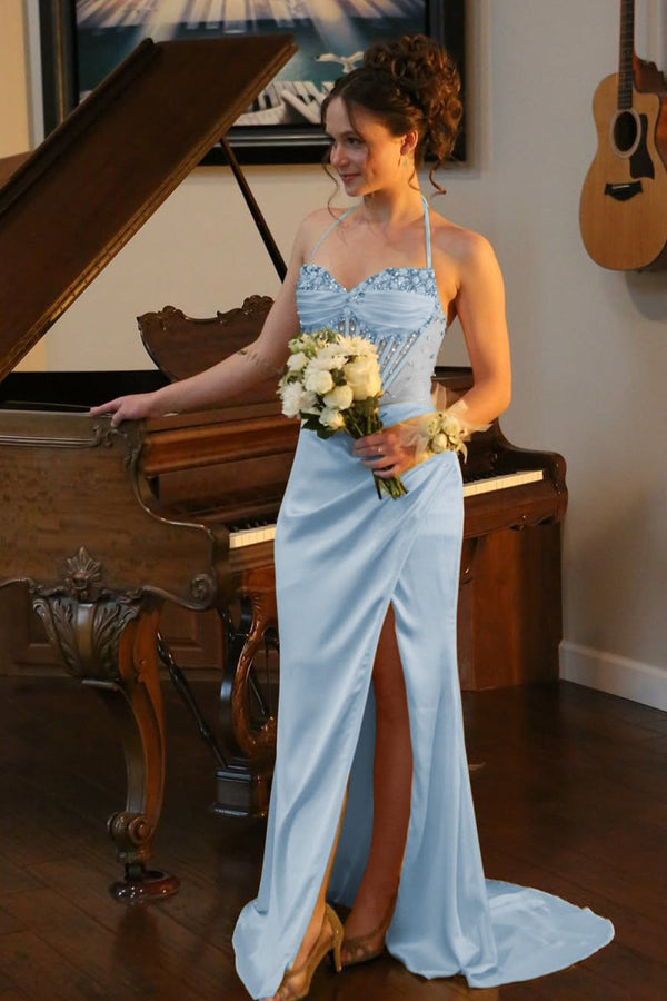 Julienne | Sky Blue - Halter Pleated Sheath Satin Long Prom Dresses With Beading -KissProm