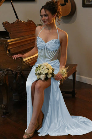 Julienne | Sky Blue - Halter Pleated Sheath Satin Long Prom Dresses With Beading -KissProm