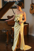 Julienne | Yellow - Halter Pleated Sheath Satin Long Prom Dresses With Beading -KissProm
