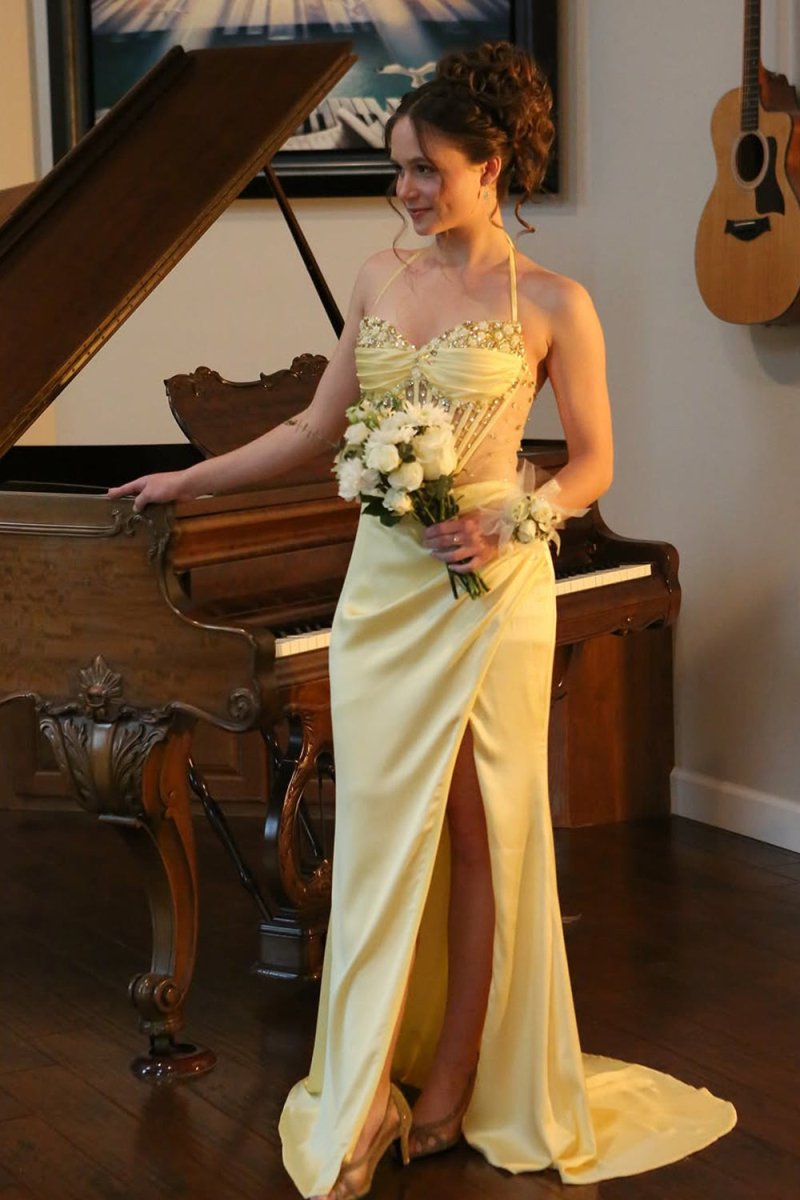 Julienne | Yellow - Halter Pleated Sheath Satin Long Prom Dresses With Beading - KissProm