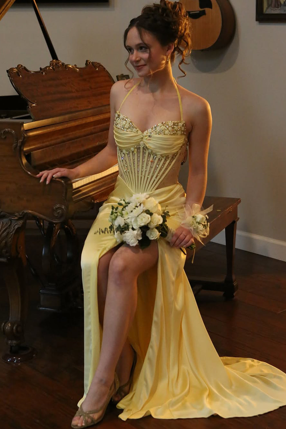 Julienne | Yellow - Halter Pleated Sheath Satin Long Prom Dresses With Beading -KissProm