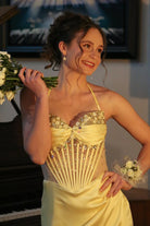 Julienne | Yellow - Halter Pleated Sheath Satin Long Prom Dresses With Beading -KissProm