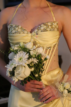 Julienne | Yellow - Halter Pleated Sheath Satin Long Prom Dresses With Beading - KissProm