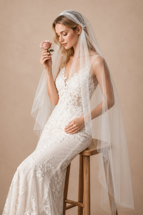 Juliet Cap Veils Asymmetrical Hem Knee Length Bridal Veil in Ivory - KissProm Wedding Veils