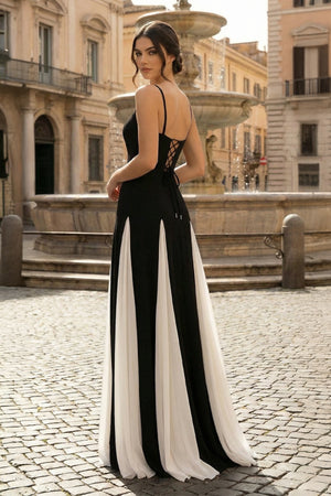 KissProm- White Spaghetti Straps Sleeveless A Line Satin Long Prom Dresses