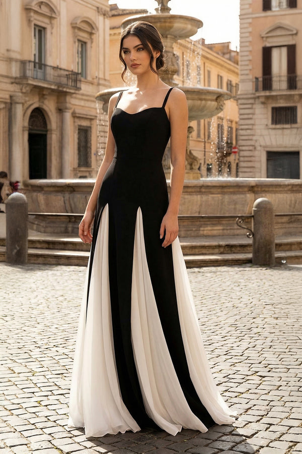 KissProm- White Spaghetti Straps Sleeveless A Line Satin Long Prom Dresses