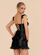 Junelle | Black - Sweetheart Satin Ruffles Short Homecoming Dresses
