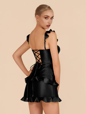 Junelle | Black - Sweetheart Satin Ruffles Short Homecoming Dresses