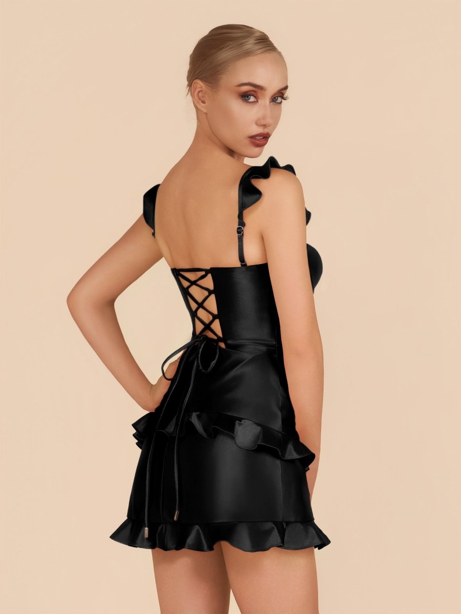 Junelle | Black - Sweetheart Satin Ruffles Short Homecoming Dresses