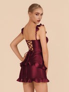 Junelle | Burgundy - Sweetheart Satin Ruffles Short Homecoming Dresses - KissProm