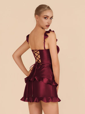 Junelle | Burgundy - Sweetheart Satin Ruffles Short Homecoming Dresses - KissProm