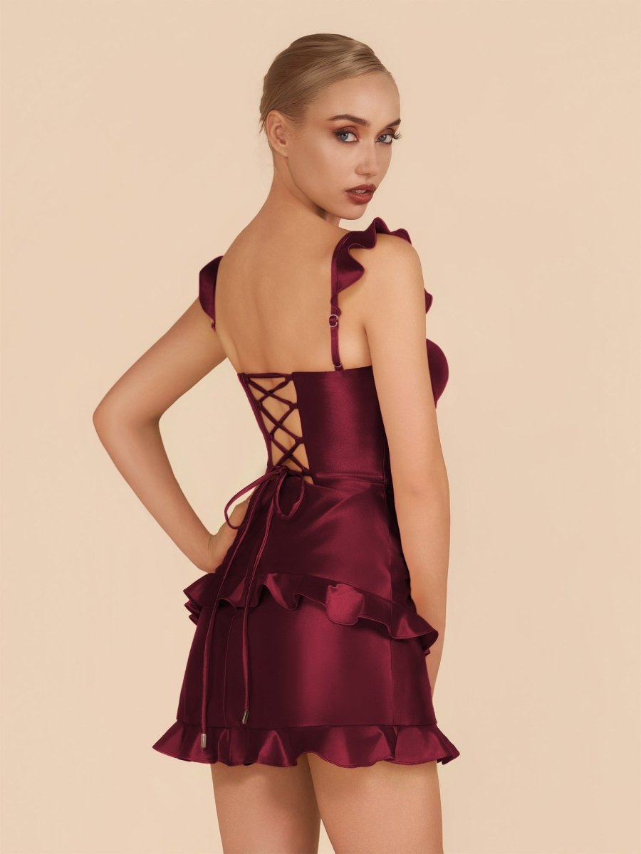 Junelle | Burgundy - Sweetheart Satin Ruffles Short Homecoming Dresses - KissProm