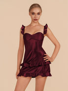 Junelle | Burgundy - Sweetheart Satin Ruffles Short Homecoming Dresses - KissProm