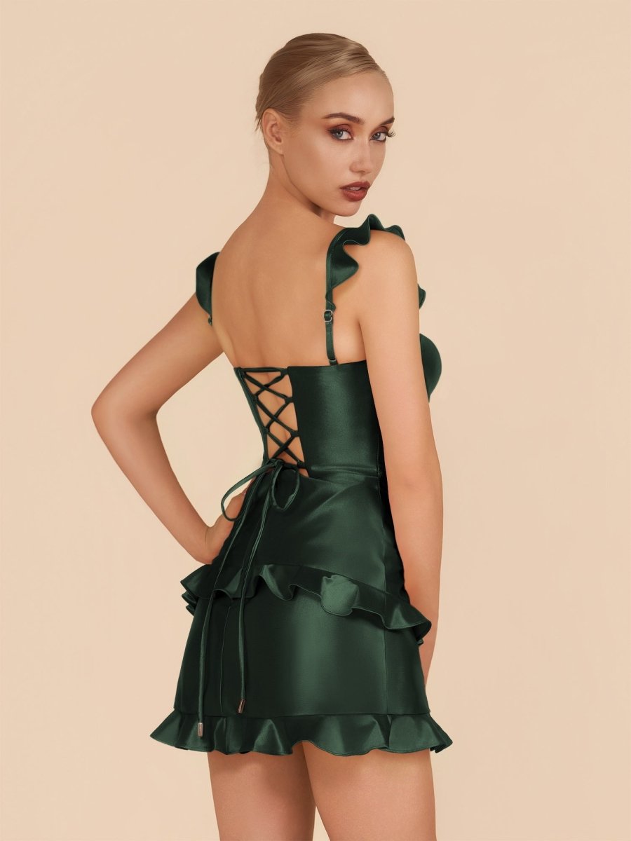Junelle | Dark Green - Sweetheart Satin Ruffles Short Homecoming Dresses - KissProm