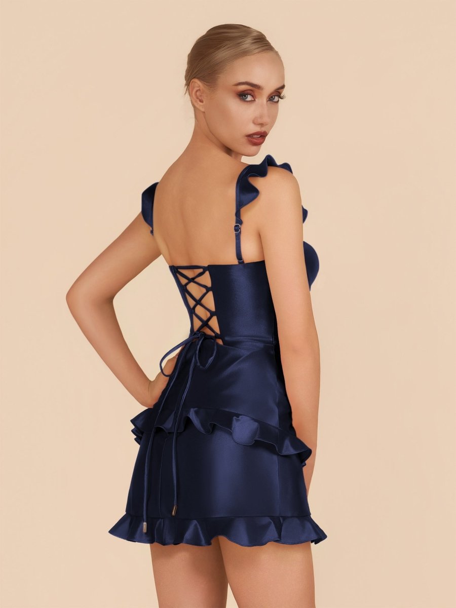 Junelle | Navy Blue - Sweetheart Satin Ruffles Short Homecoming Dresses