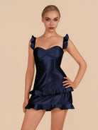 Junelle | Navy Blue - Sweetheart Satin Ruffles Short Homecoming Dresses