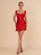 Junelle | Red - Sweetheart Satin Ruffles Short Homecoming Dresses