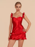 Junelle | Red - Sweetheart Satin Ruffles Short Homecoming Dresses