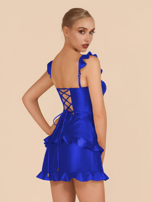 Junelle | Royal Blue - Sweetheart Satin Ruffles Short Homecoming Dresses