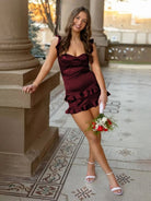 Junelle | Burgundy - Sweetheart Satin Ruffles Short Homecoming Dresses