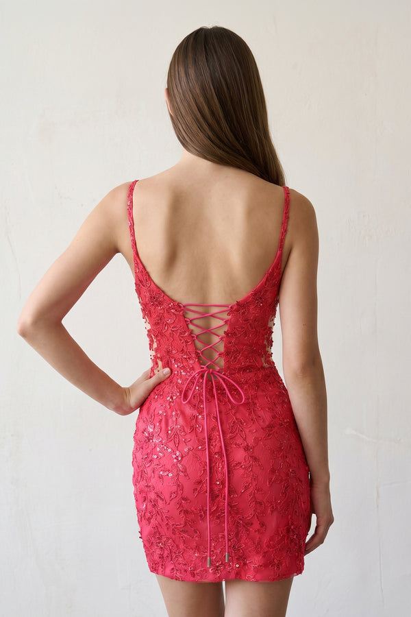 Coral Pink V-Neck Lace Short Homecoming Dress With Appliques - KISSPROM