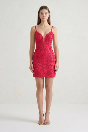 Coral Pink V-Neck Lace Short Homecoming Dress With Appliques - KISSPROM