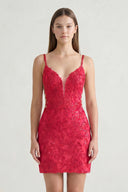 Coral Pink V-Neck Lace Short Homecoming Dress With Appliques - KISSPROM