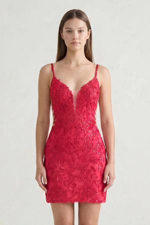 Coral Pink V-Neck Lace Short Homecoming Dress With Appliques - KISSPROM