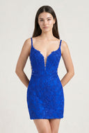 Royal Blue V-Neck Lace Short Homecoming Dress With Appliques - KISSPROM