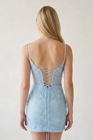 Sky Blue V-Neck Lace Short Homecoming Dress With Appliques - KISSPROM