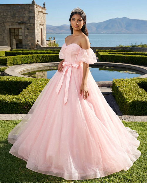 KissProm- Pink A Line Tulle Off The Shoulder Floor-Length Quinceanera Dresses with Sashes