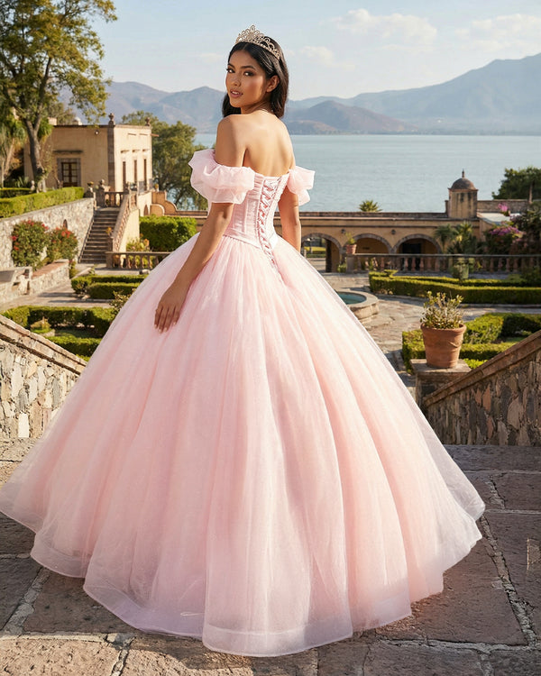KissProm- Pink A Line Tulle Off The Shoulder Floor-Length Quinceanera Dresses with Sashes
