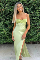 Juviera | Sage - Spaghetti Straps Sheath Satin Pleated Formal Prom Dresses With Slit - KissProm