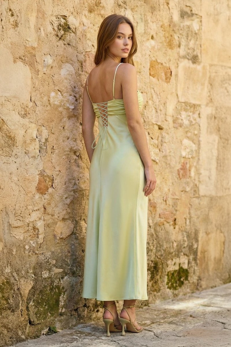 Sage Spaghetti Straps Sheath Satin Pleated Formal Prom Dresses With Slit - KissProm