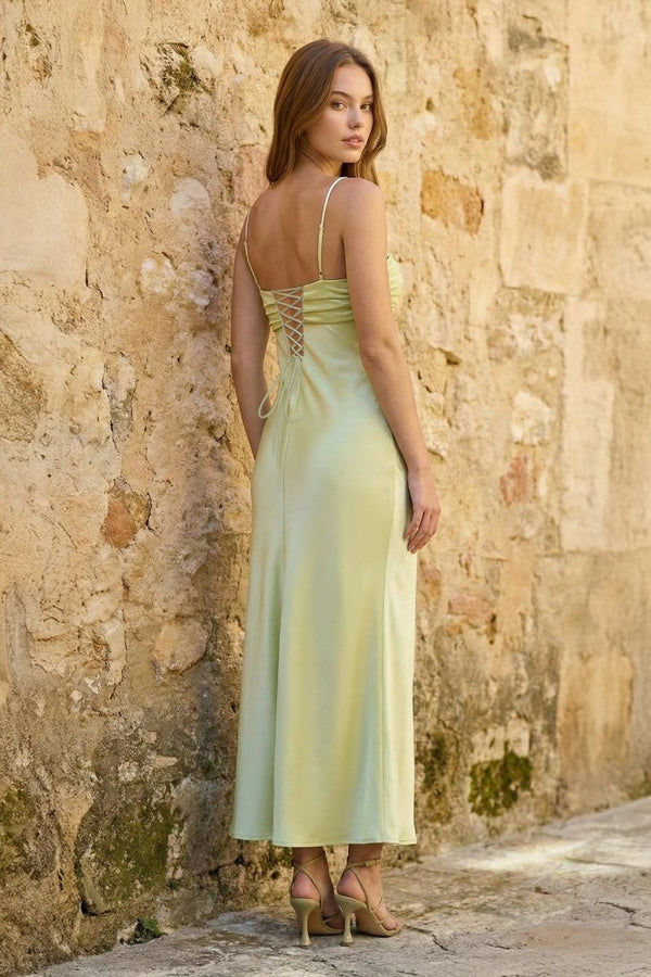Sage Spaghetti Straps Sheath Satin Pleated Formal Prom Dresses With Slit - KissProm