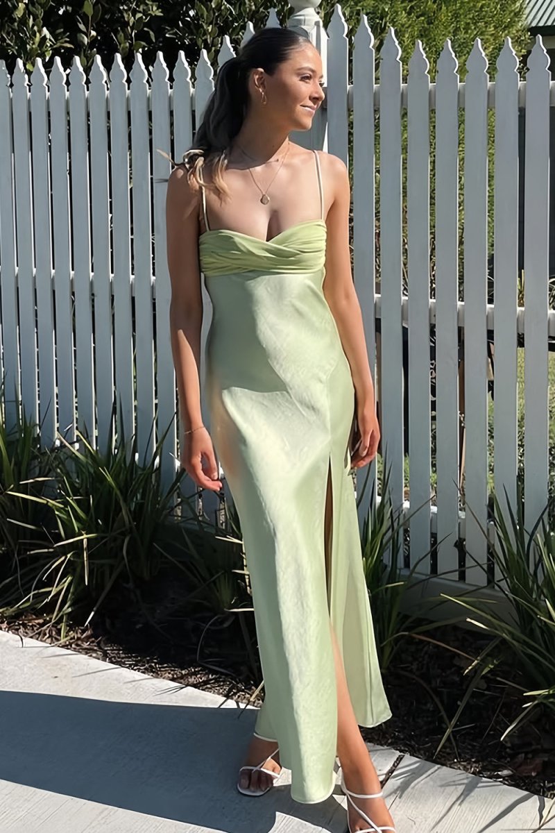 Juviera | Sage - Spaghetti Straps Sheath Satin Pleated Formal Prom Dresses With Slit - KissProm